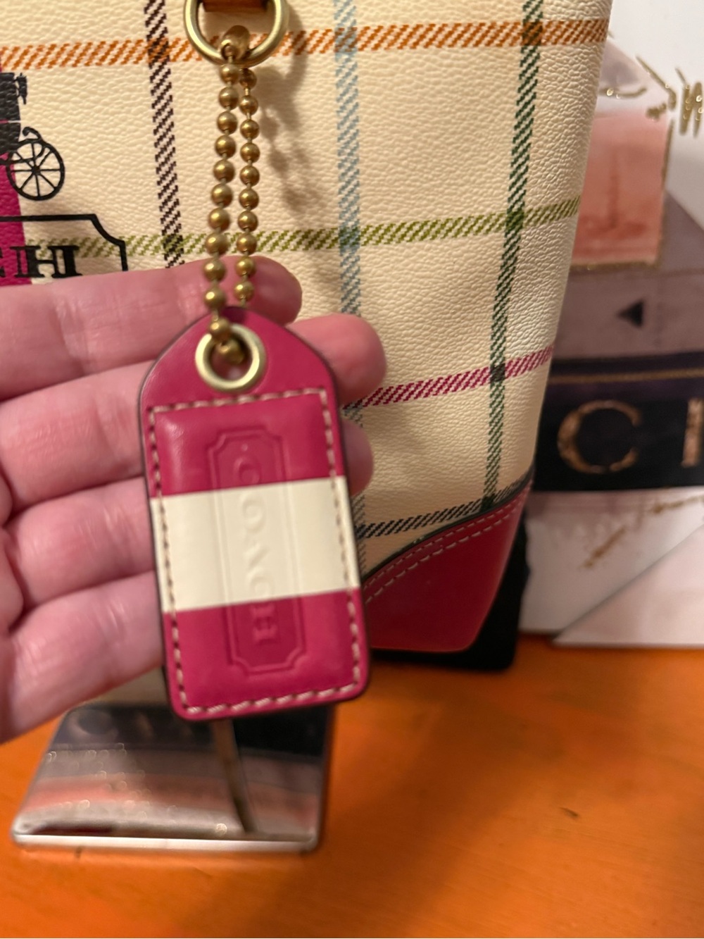 Coach Leatherware Plaid Tote Bag in Cream and Pink - Picture 3 of 14